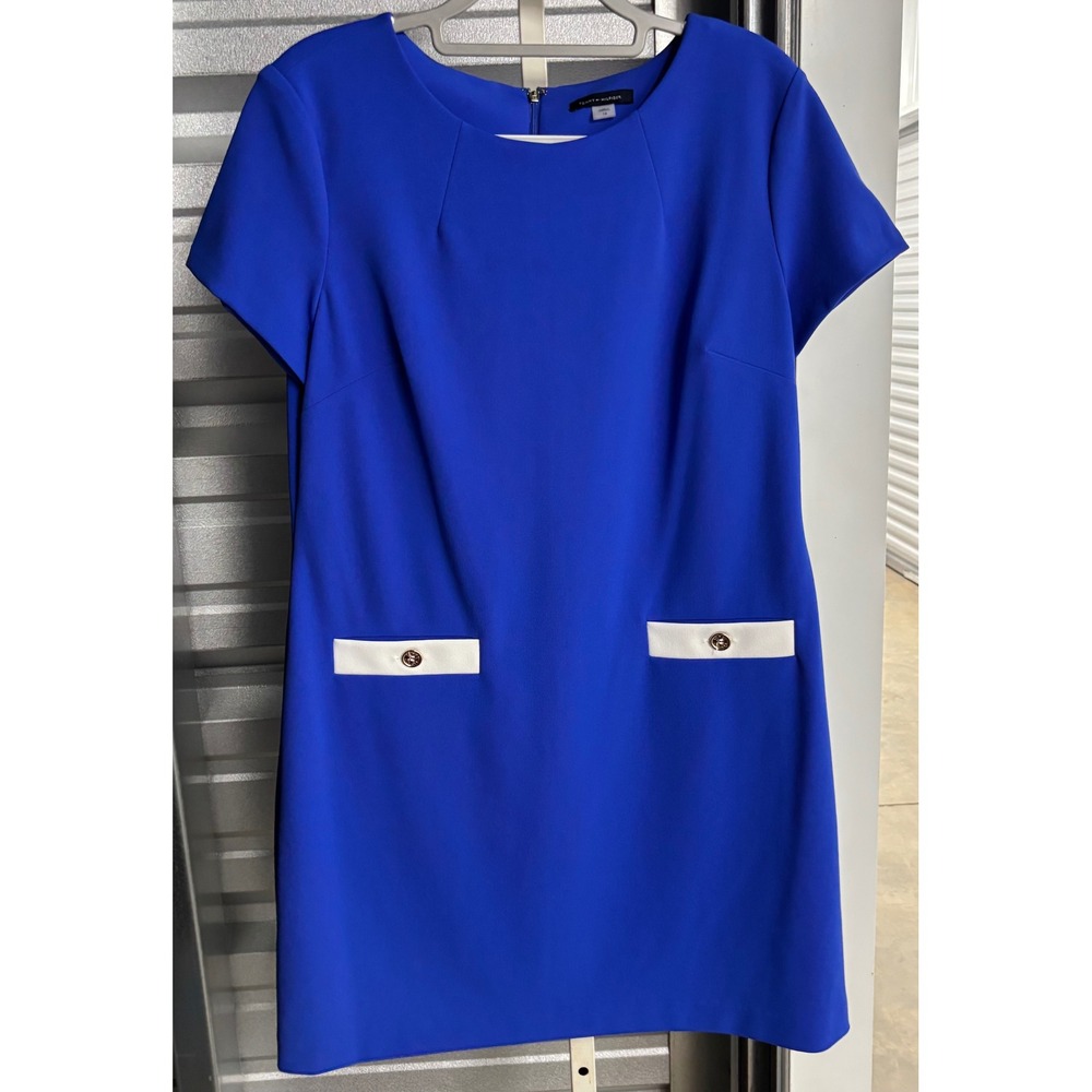 Tommy Hilfiger Royal Blue Short Sleeve Shift Dress Gold Button Accent Size 14